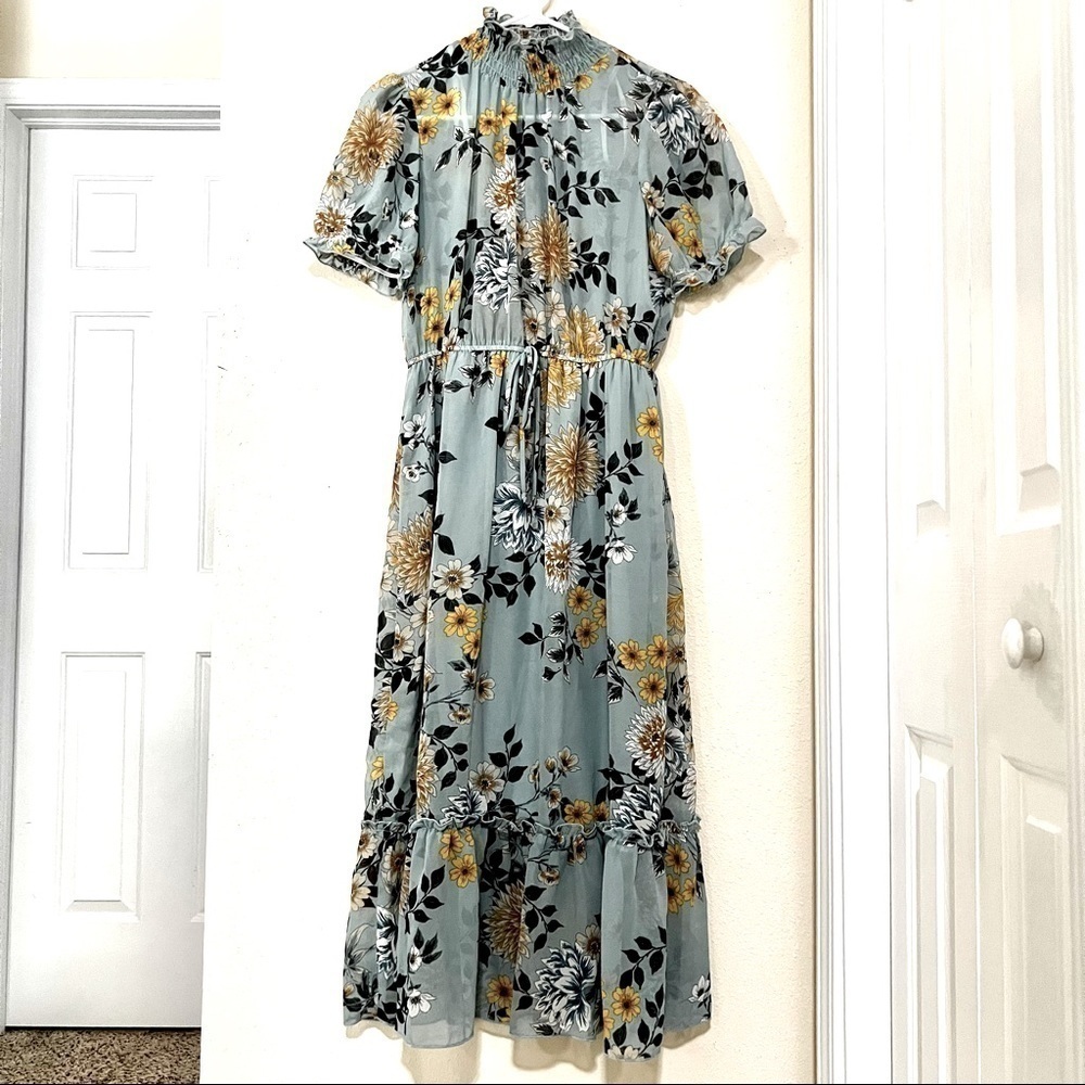 STELLA & JULIE Smocked high neck puffed sleeves Tierred blue floral maxi dress 4